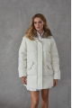 Women's down jacket of white color with a hare fur trim