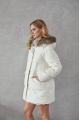 Women's down jacket of white color with a hare fur trim