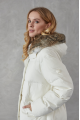 Women's down jacket of white color with a hare fur trim