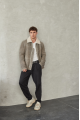 Stylish men's sheepskin coat of gray color in VINTAGE style made of natural sheepskin