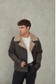 Stylish men's sheepskin coat in VINTAGE style made of natural sheepskin in dark chocolate color