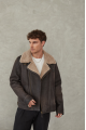 Stylish men's sheepskin coat in VINTAGE style made of natural sheepskin in dark chocolate color