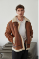 Stylish men's sheepskin coat in the VINTAGE style made of natural sheepskin, whiskey color