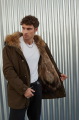 Men's parka of brown color with raccoon fur