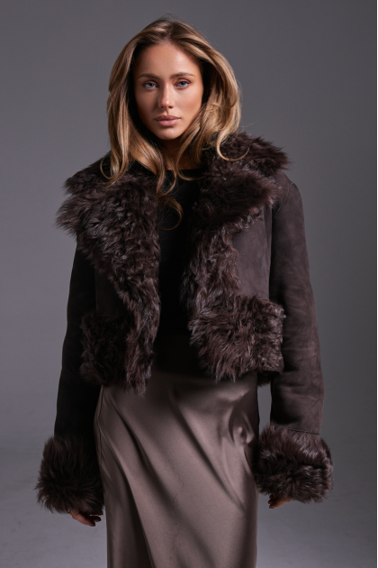 Dark chocolate suede sheepskin coat