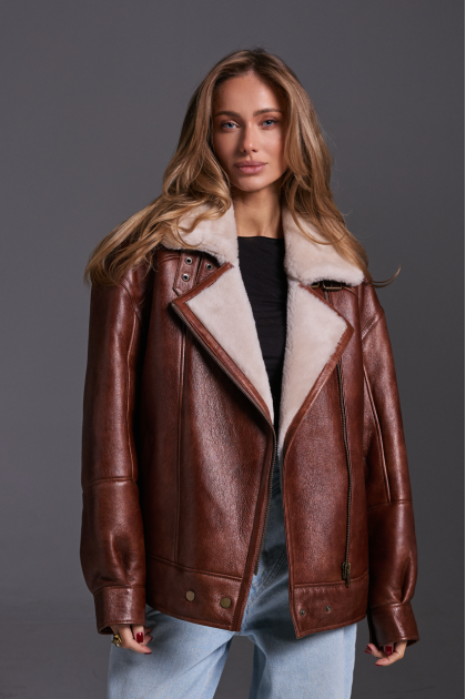 Chocolate-colored patent leather sheepskin coat