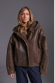 Short chocolate-colored sheepskin coat with a hood made of natural sheepskin