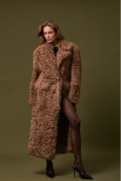 Camel-colored curly sheepskin coat