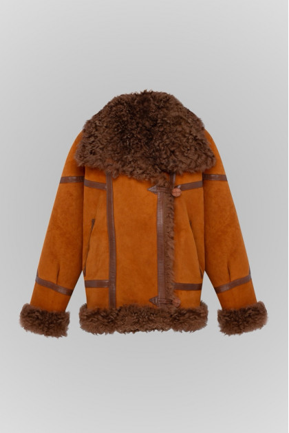 Suede double-sided sheepskin coat in red color made of natural sheepskin