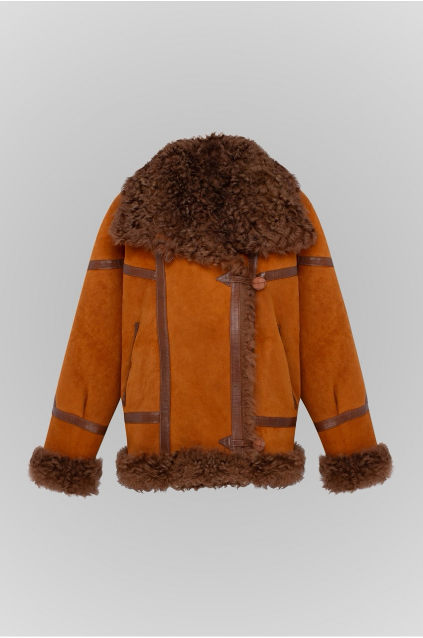 Suede double-sided sheepskin coat in red color made of natural sheepskin