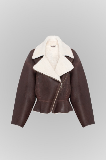 Short chocolate-colored bomber jacket made of natural sheepskin