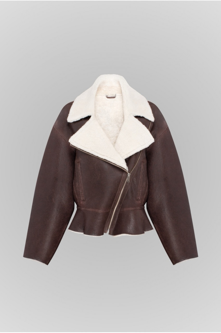 Short chocolate-colored bomber jacket made of natural sheepskin