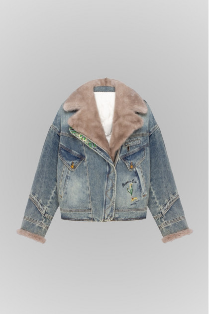 Blue denim jacket with mink collar