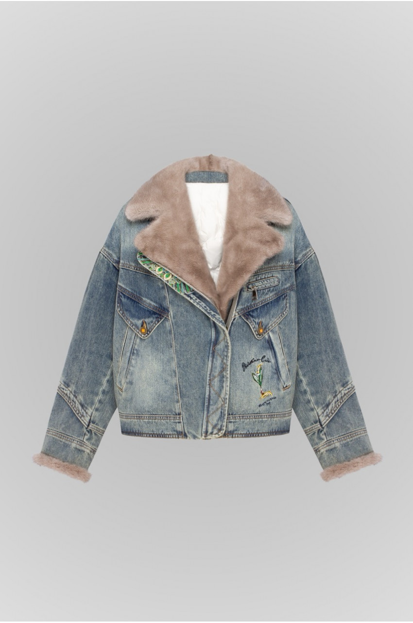 Blue denim jacket with mink collar