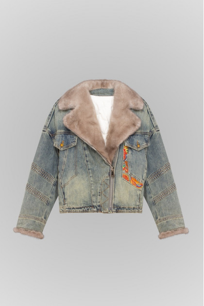 Blue denim jacket with mink collar in VINTAGE style