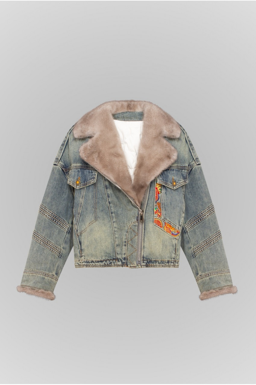 Blue denim jacket with mink collar in VINTAGE style