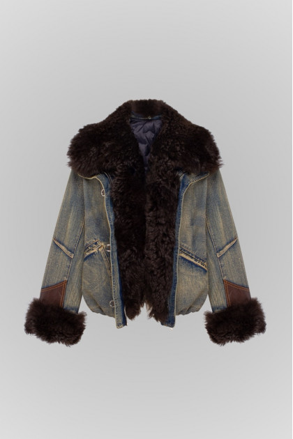 Blue denim jacket with fur decor in VINTAGE style