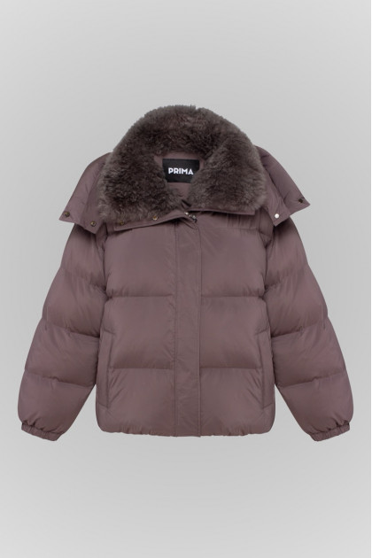 Grey down jacket with Kashmir goat fur