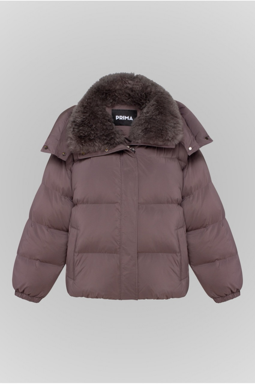 Grey down jacket with Kashmir goat fur