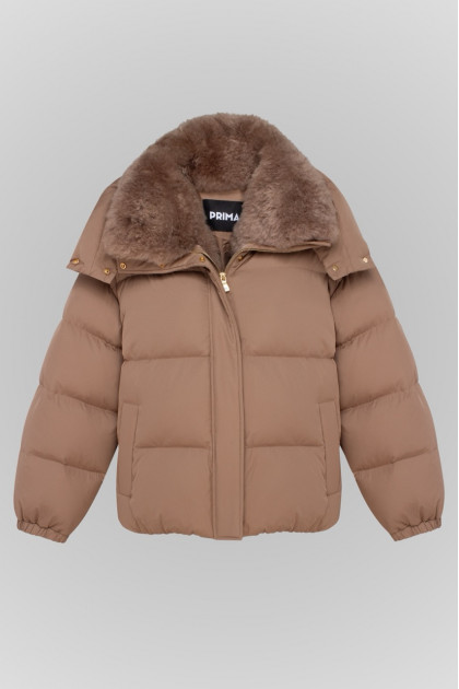 Brown down jacket with Kashmir goat fur