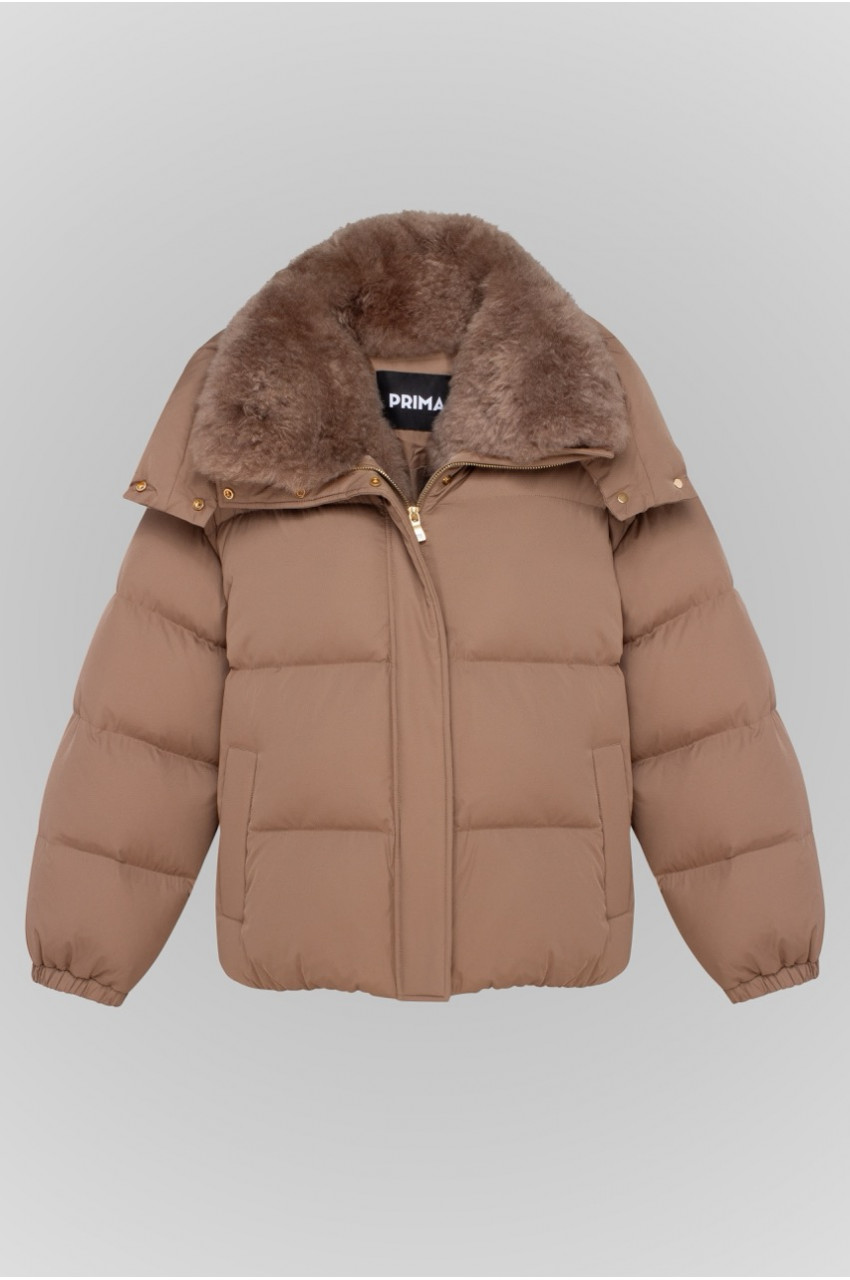 Brown down jacket with Kashmir goat fur