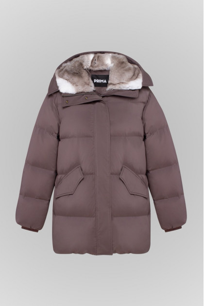 Grey down jacket with Rex rabbit fur trim
