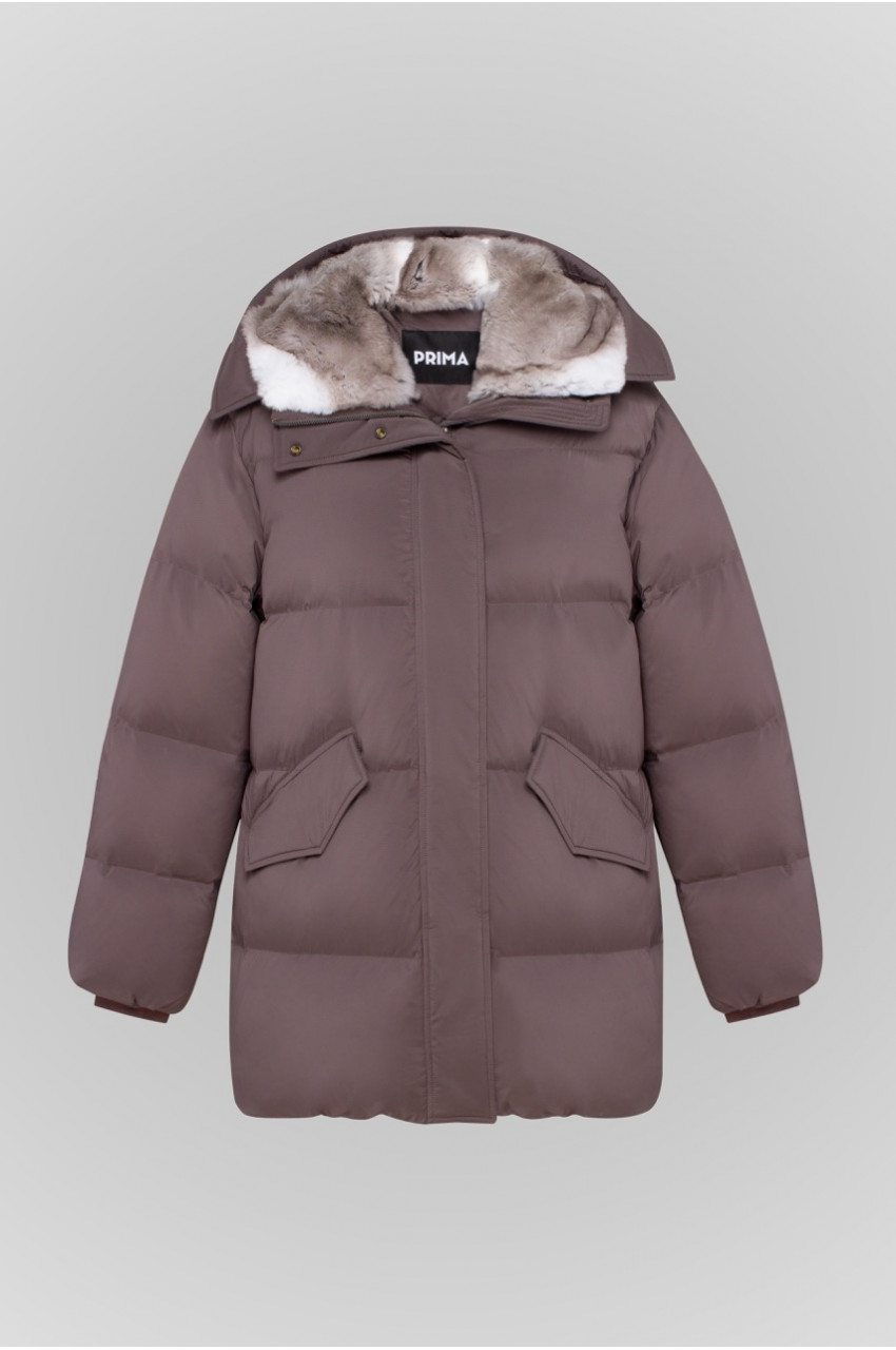 Grey down jacket with Rex rabbit fur trim