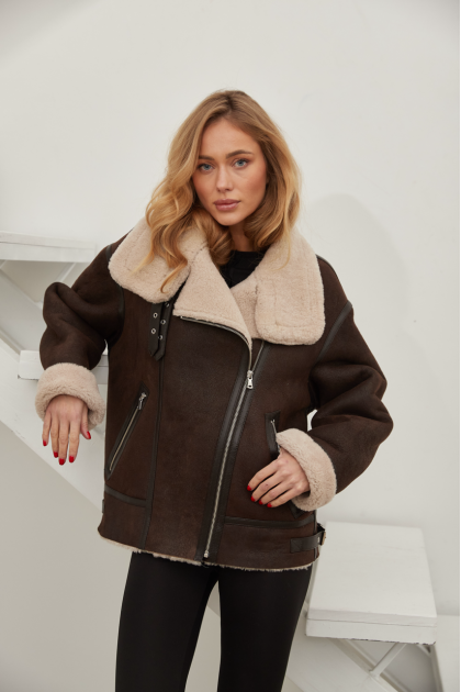 Chocolate-colored women's sheepskin coat