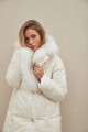 Women's long white down jacket with natural filler and fox fur decoration