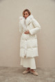 Women's long white down jacket with natural filler and fox fur decoration