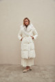 Women's long white down jacket with natural filler and fox fur decoration