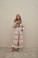 Long down jacket of beige color with mink fur and natural filler