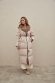 Long down jacket of beige color with mink fur and natural filler