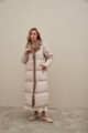 Long down jacket of beige color with mink fur and natural filler