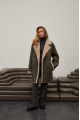 Olive-colored women's sheepskin coat made of natural sheepskin in VINTAGE style