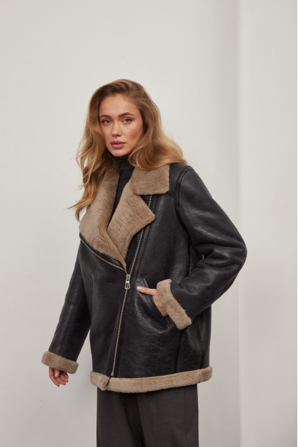 Stylish graphite-colored sheepskin coat