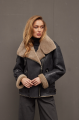 Stylish women's sheepskin coat in graphite color made of natural sheepskin in VINTAGE style