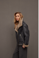 Stylish women's sheepskin coat in graphite color made of natural sheepskin in VINTAGE style