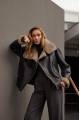 Stylish women's sheepskin coat in graphite color made of natural sheepskin in VINTAGE style