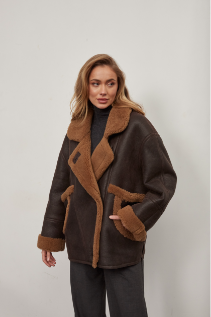 Chocolate-colored sheepskin coat