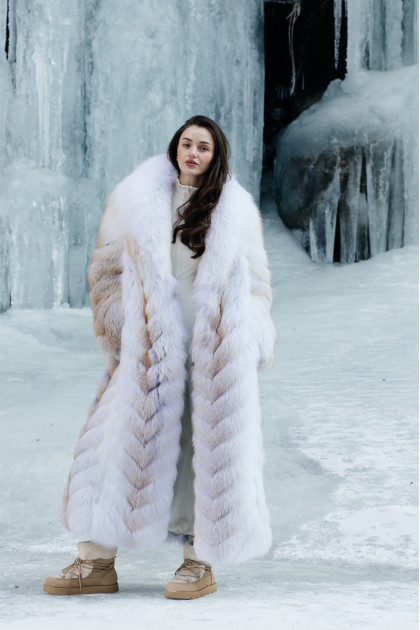 Long white fox fur coat with beige highlights