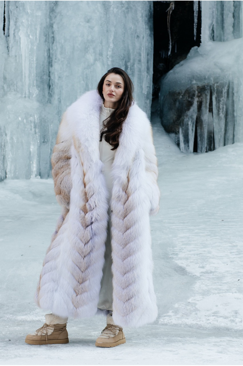 Long white fox fur coat with beige highlights