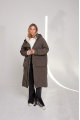 Long brown women's down jacket with natural filler in the style of OVERSIZE