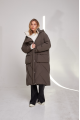 Long brown women's down jacket with natural filler in the style of OVERSIZE