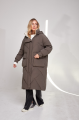 Long brown women's down jacket with natural filler in the style of OVERSIZE