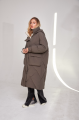 Long brown women's down jacket with natural filler in the style of OVERSIZE