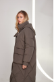 Long brown women's down jacket with natural filler in the style of OVERSIZE