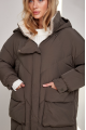 Long brown women's down jacket with natural filler in the style of OVERSIZE