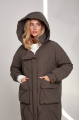 Long brown women's down jacket with natural filler in the style of OVERSIZE