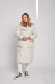 Long white women's down jacket with natural filler in the style of OVERSIZE